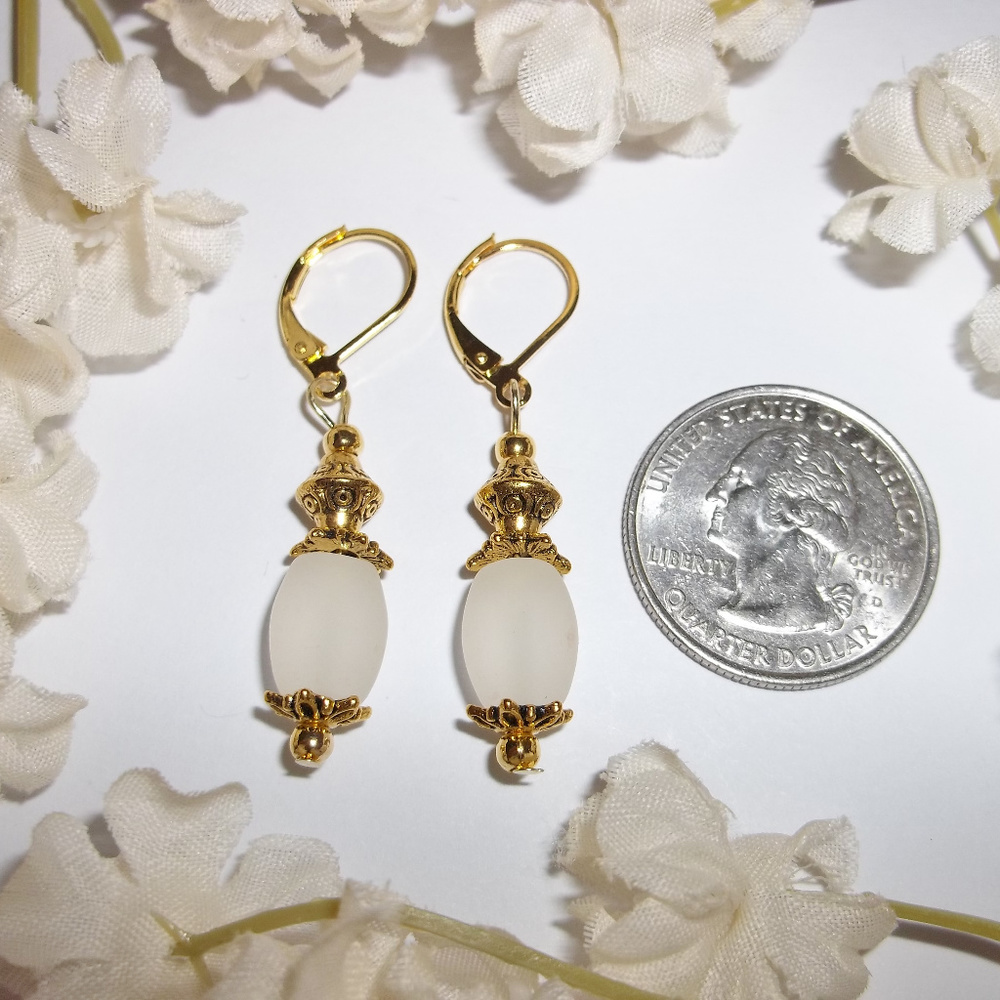 Earring Set White Frost Beach Glass & Gold 4542 - Picture 2 of 6